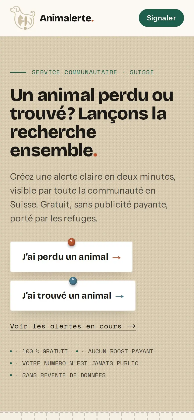 Page d'accueil d'Animalerte sur téléphone